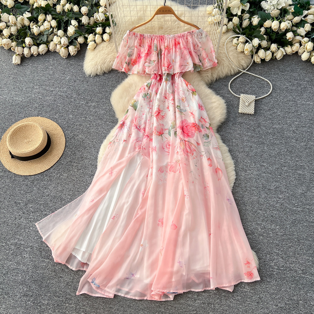 Off Shoulder Ruffle Hem Floral Maxi Dress High Waist Slim Fit Elegant Spring Summer Vacation Style Wholesale