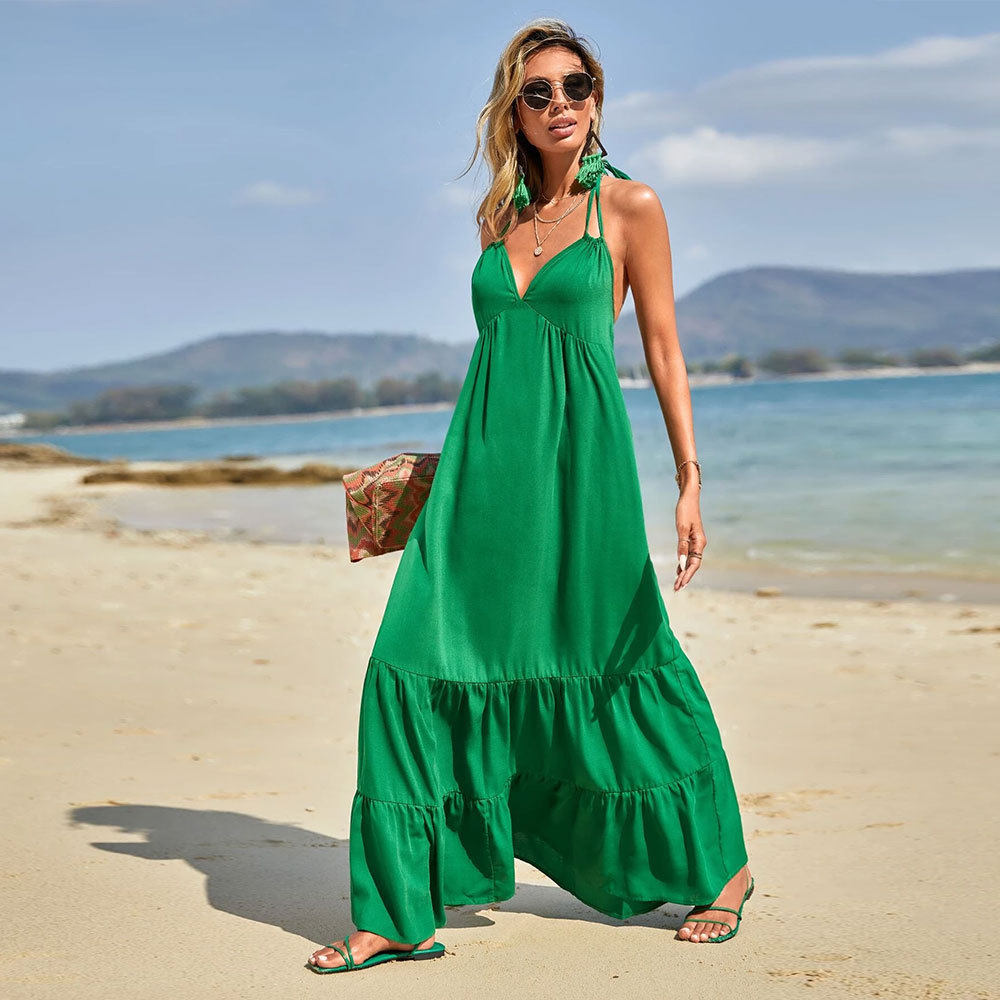 Womens Sexy Backless Maxi Dress Spaghetti Straps Flowy Hem Beachwear Summer Collection Wholesale Available