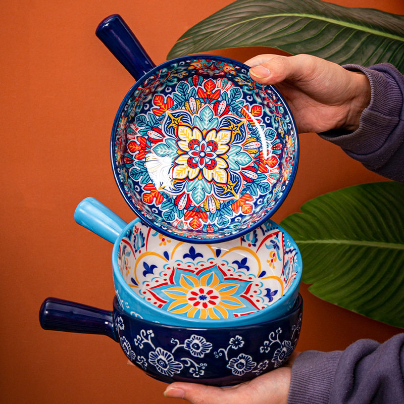 Bohemian Ceramic Handle Bowl Home Creative Fruit Salad Bowl with Handle Instant Noodle Bowl Oven Baking Bowl Anti-Scalding