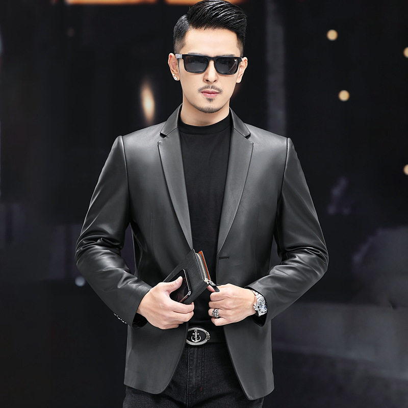 Áo Khoác Blazer Nam Da Cừu Thiết Kế Dáng Ôm Phong Cách Business Casual Màu Đen