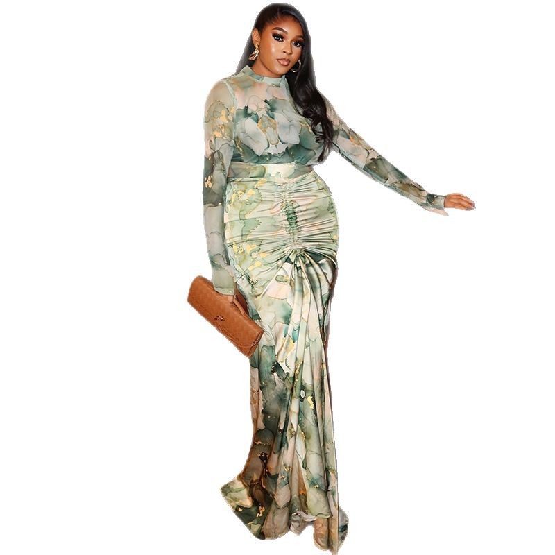 European and American-style Cross-border Printed Waist-wrapped Slim Dress suit Pleated Long Dress High Collar Fashion Two-piece Casual Commuter Women's Clothing