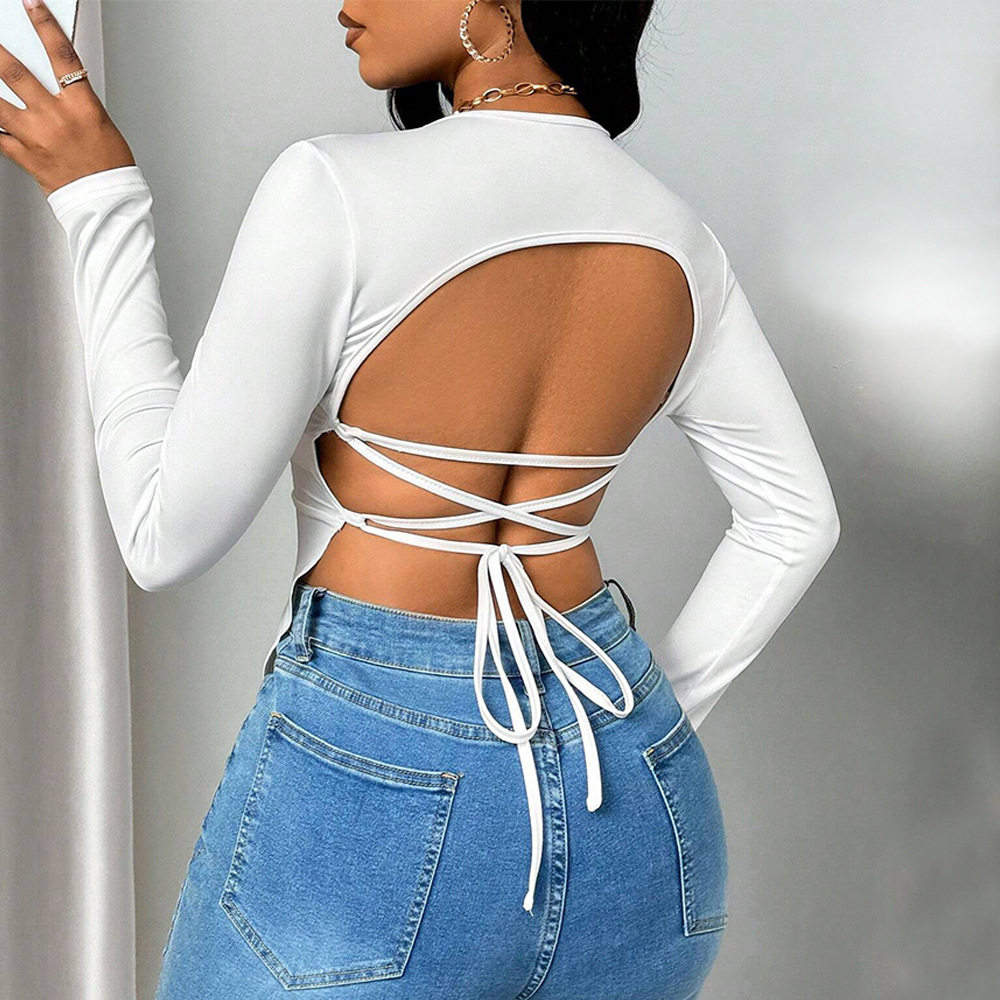Womens Long Sleeve V Neck T Shirt Sexy Backless Design Slim Fit Elegant Style Spring Summer Collection Wholesale