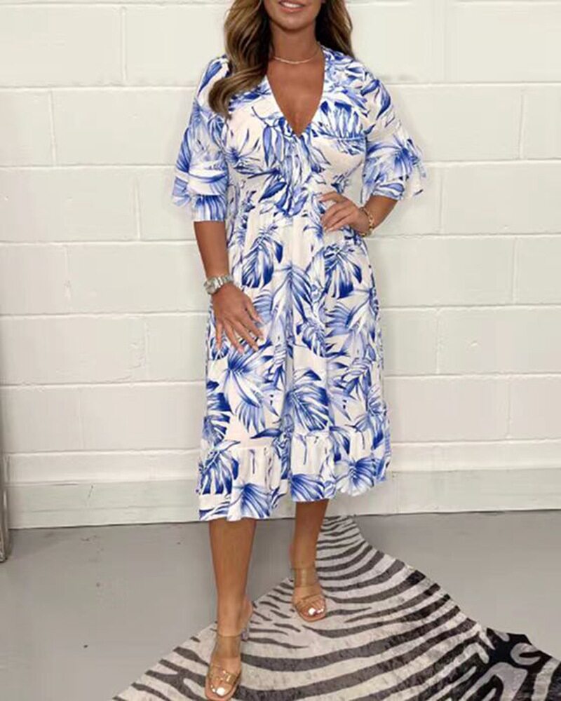 Summer Floral Print V Neck Long Sleeve Dress for Women Casual Style Perfect for Beach or Outdoor Events Wholesale