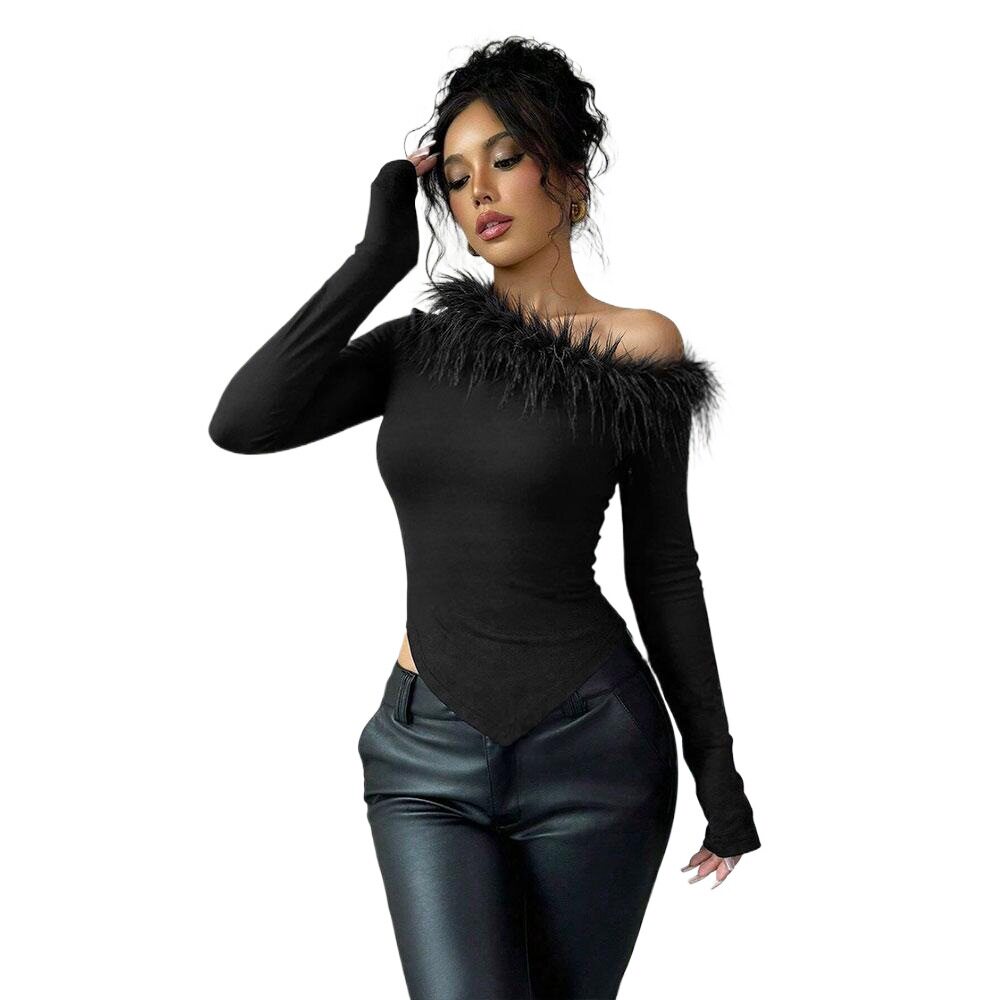 Feather Trimmed Asymmetrical Hem Long Sleeve Top Unique Design Slim Fit Spring Summer Style Wholesale Available