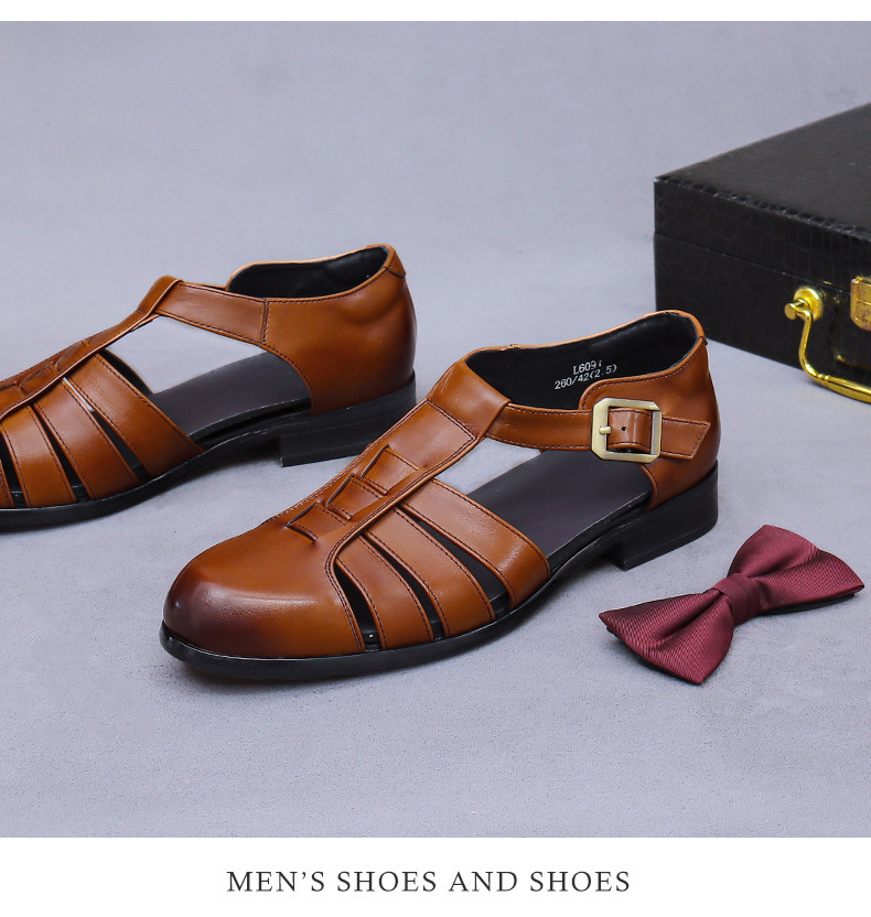 Dép sandal nam bít mũi da bò cổ điển khóa cài thoáng khí — Màu nâu, Màu đen