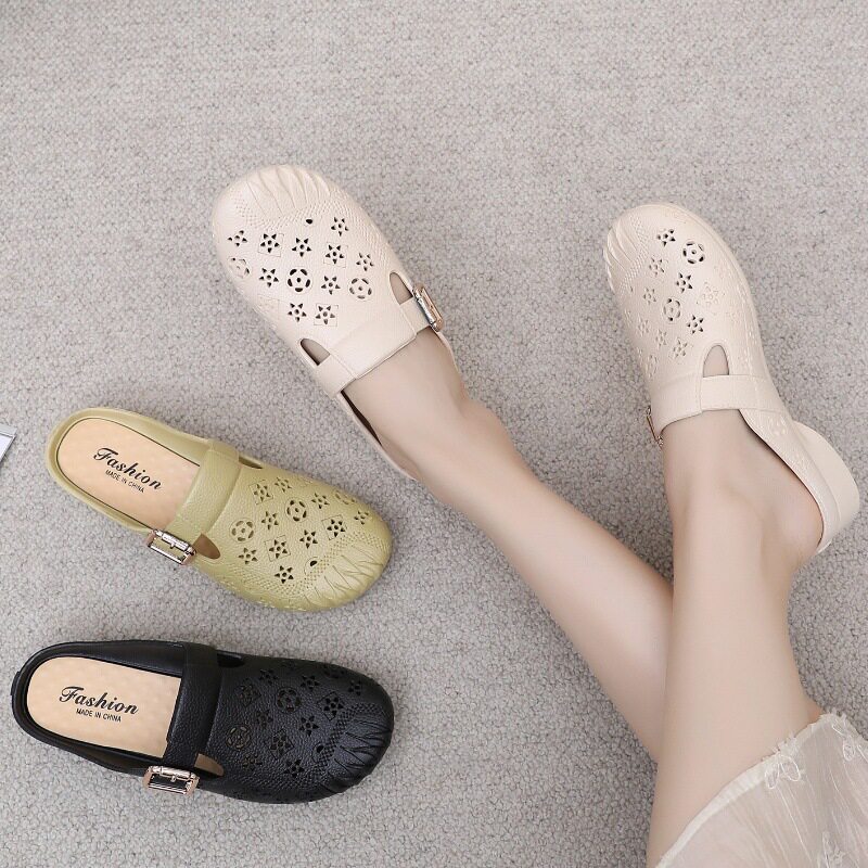 New Flat Non-Slip Middle-Aged Mom Closed-Toe Slippers, Faux Leather Mid-Heel Clogs for Women