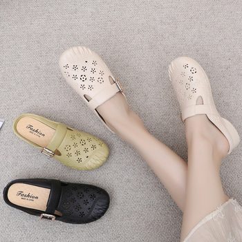 New Flat Non-Slip Middle-Aged Mom Closed-Toe Slippers, Faux Leather Mid-Heel Clogs for Women