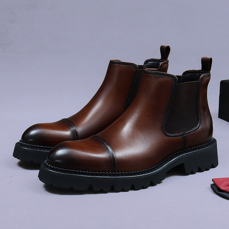 Giày boot nam cổ thấp da bò thật đế dày kiểu công sở — Màu đen, Màu cà phê