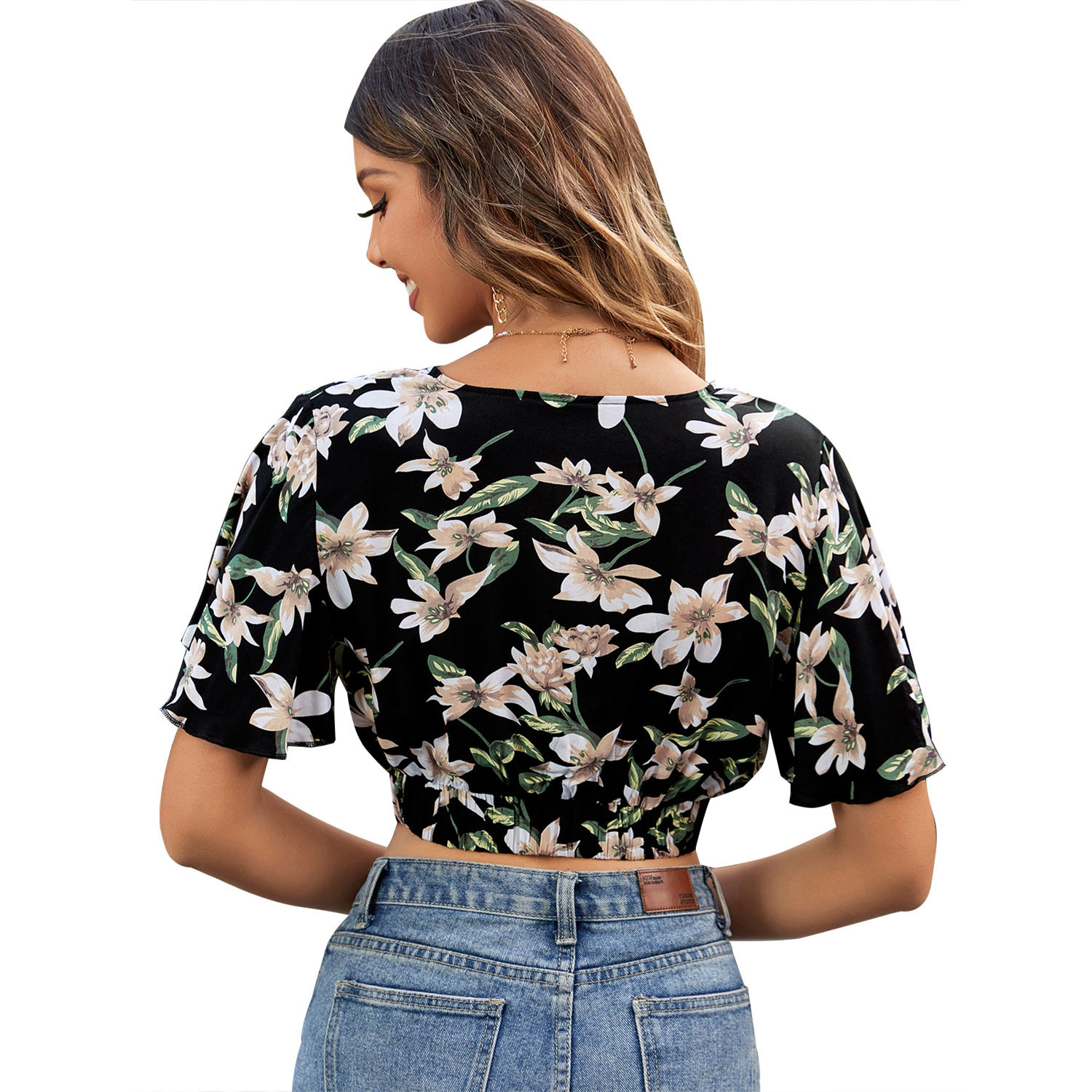 Casual Floral Print V Neck Short Sleeve Top Flared Design Versatile Style European and American Fashion Wholesale