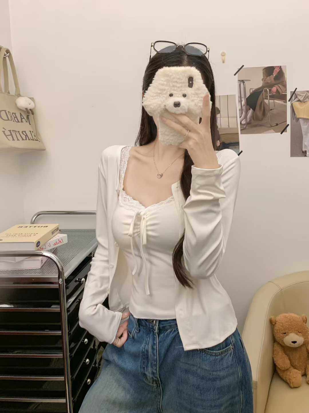 981+977 # Early Autumn New Pure Lust Style Two-Piece Brushed Lace Vest with Breast Pads Slim Long-Sleeved Jacket for Women