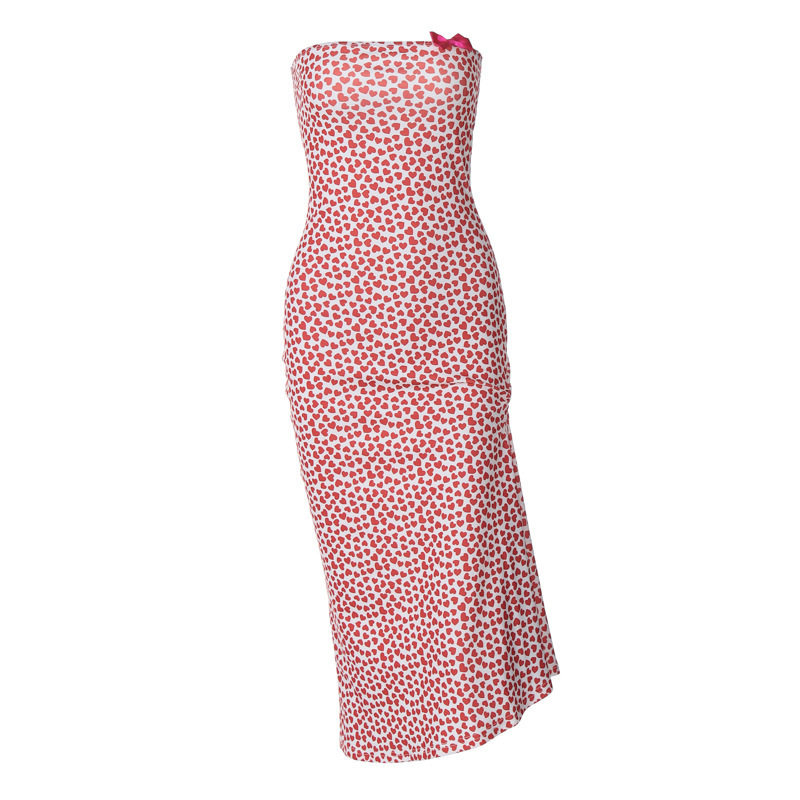 French Romantic Style Womens Strapless Bodycon Dress with Heart Print Slim Fit Long Length Perfect for Dates