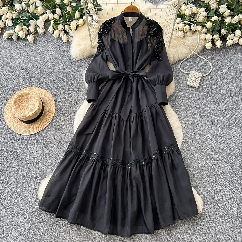 French Style Lantern Sleeve Embroidered Dress Beaded Waist Tie A Line Silhouette Elegant for Spring Wholesale