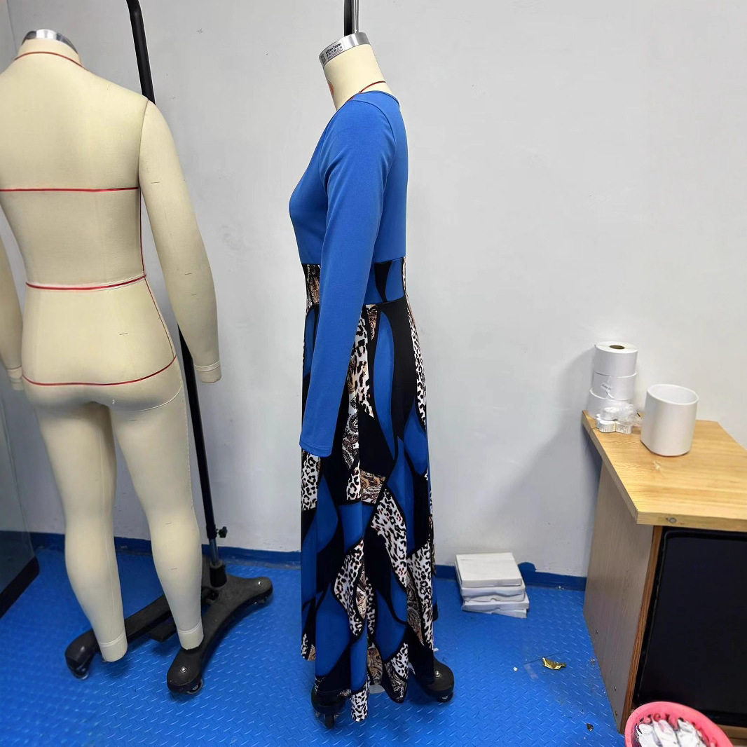 Casual Long Sleeve Maxi Dress 200g Fabric Floral Print Round Neck Perfect for Spring and Summer Wholesale Available
