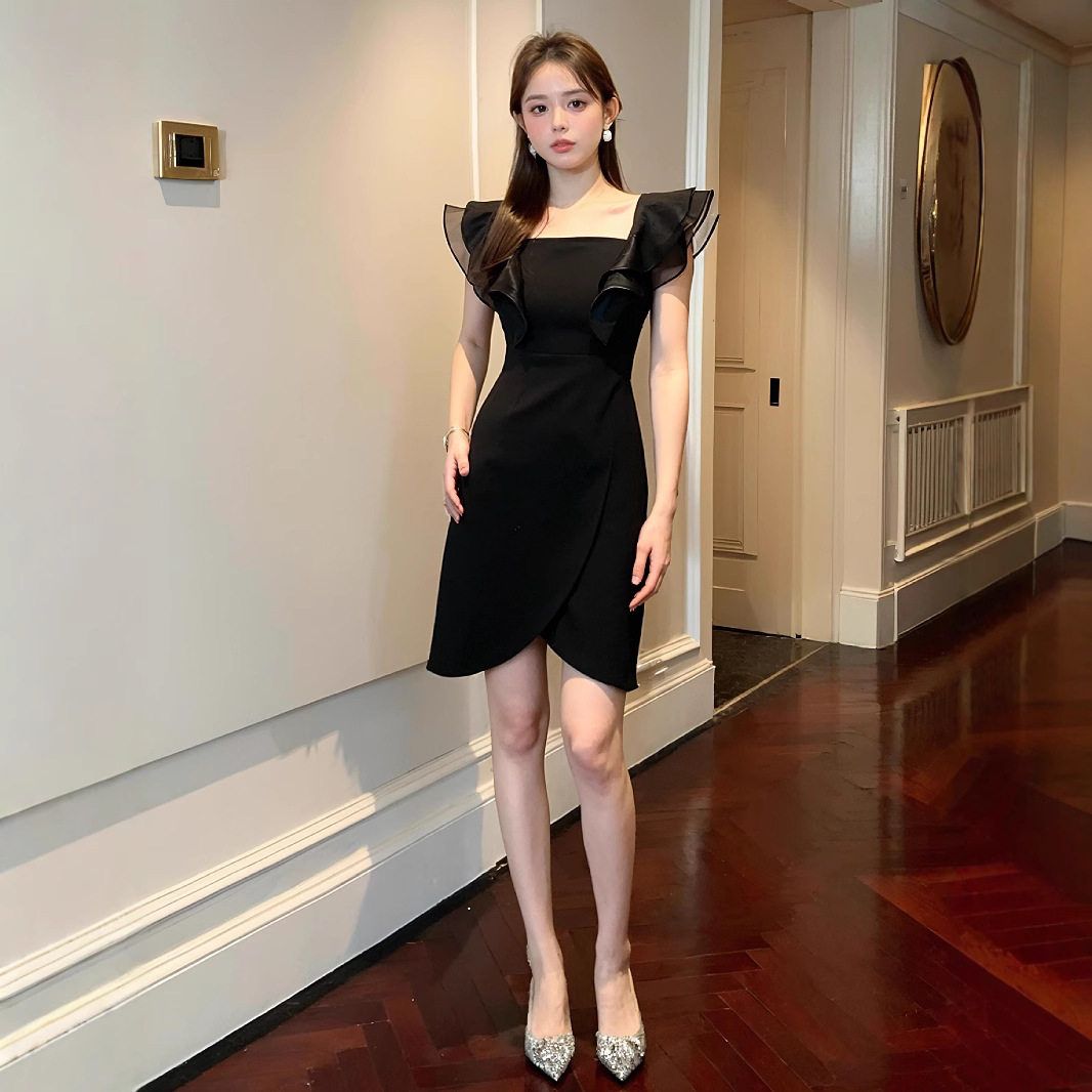 Đầm maxi nữ cổ vuông tay bồi phong cách Pháp — [Đen] chi tiết 6