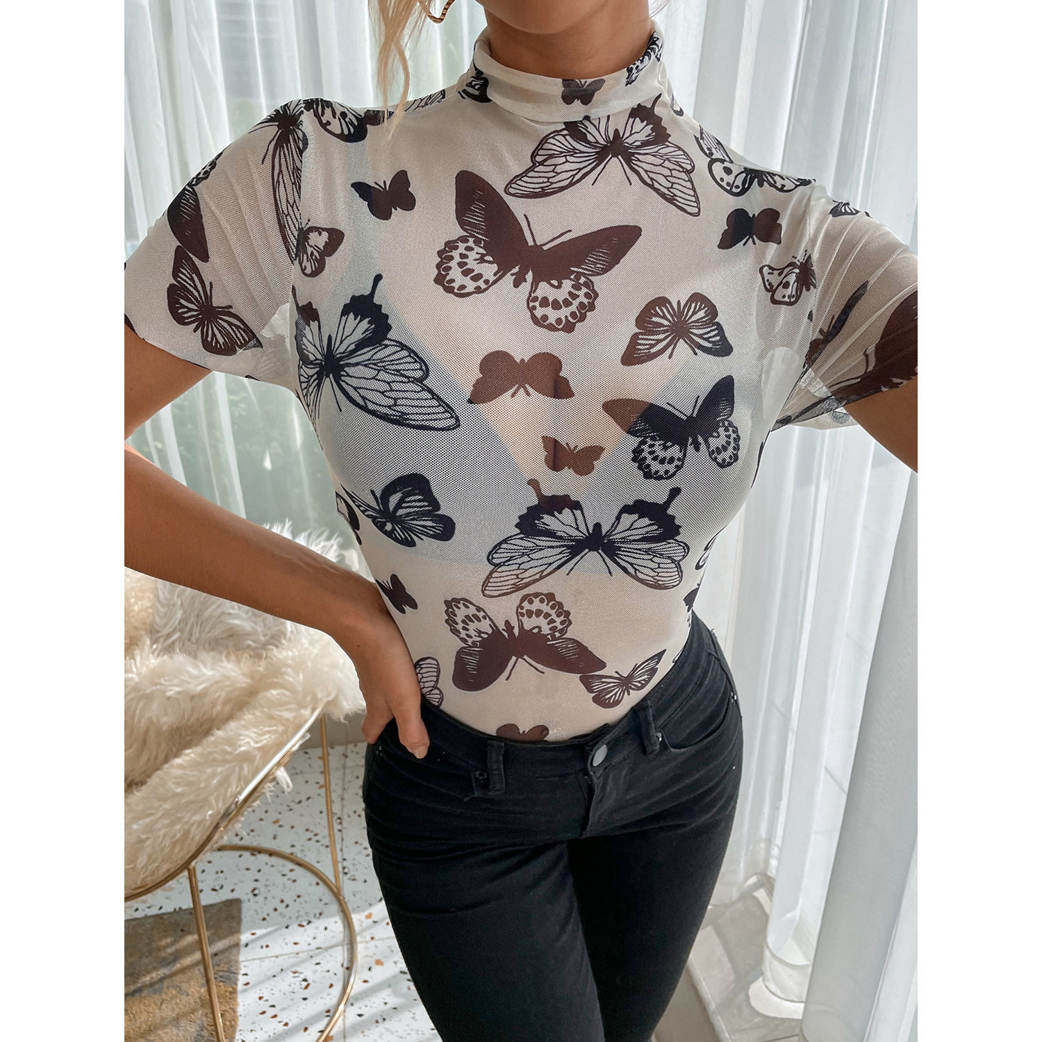 Fashionable Womens Printed Mesh T Shirt Slim Fit Casual Style Trendy Design Perfect for Everyday Wear Wholesale