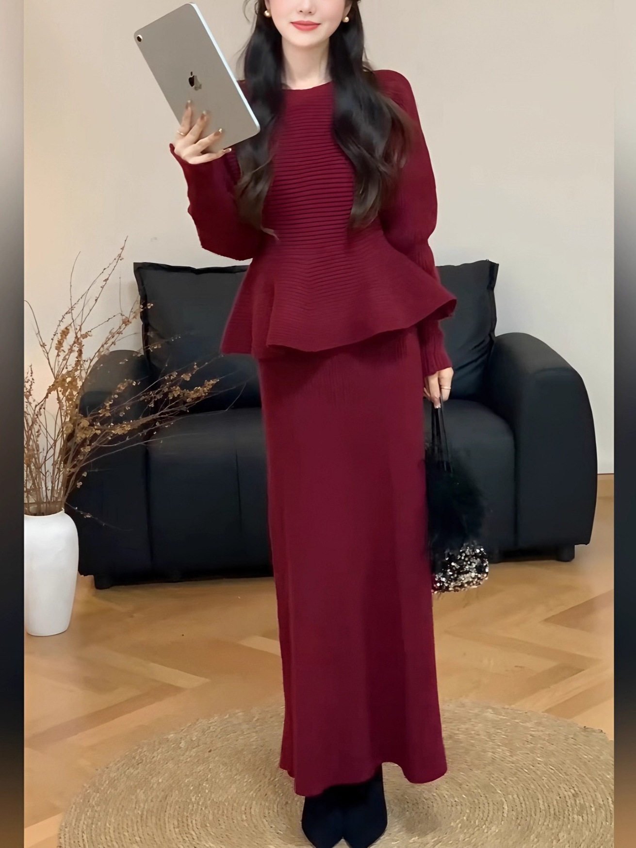 Autumn and Winter New Style Light and Mature Royal Sister Style Gentle Knitted Suit Women's Waist Slimming Top Hip-Covering Skirt Two-Piece Set