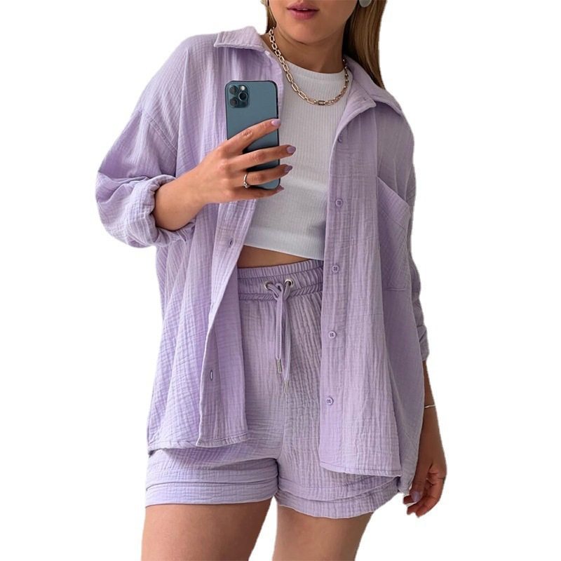 European and American women two sets of wrinkle lapel long sleeve shirt high waist drawstring shorts large size fashion casual suit