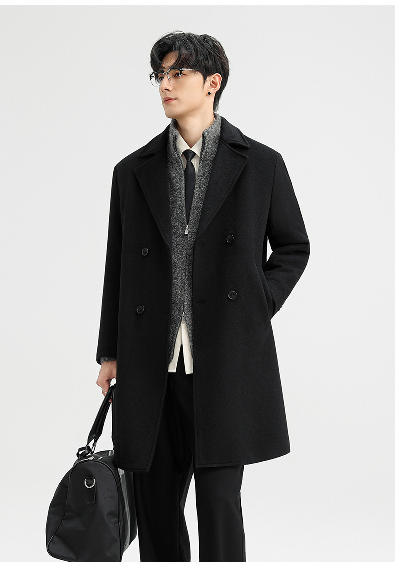 Áo khoác dạ len cashmere nam dáng dài hai hàng khuy mùa đông — Màu Xám (không bao gồm áo vest), Cà phê đậm (không bao gồm áo vest), Cà phê đậm (có áo VEST), Màu đen (có áo VEST)