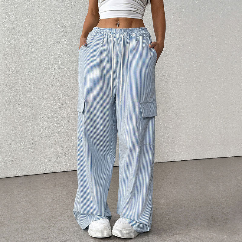 Wide Leg Striped Trousers Fresh Minimalist Design Adjustable Drawstring Summer Style Wholesale Available
