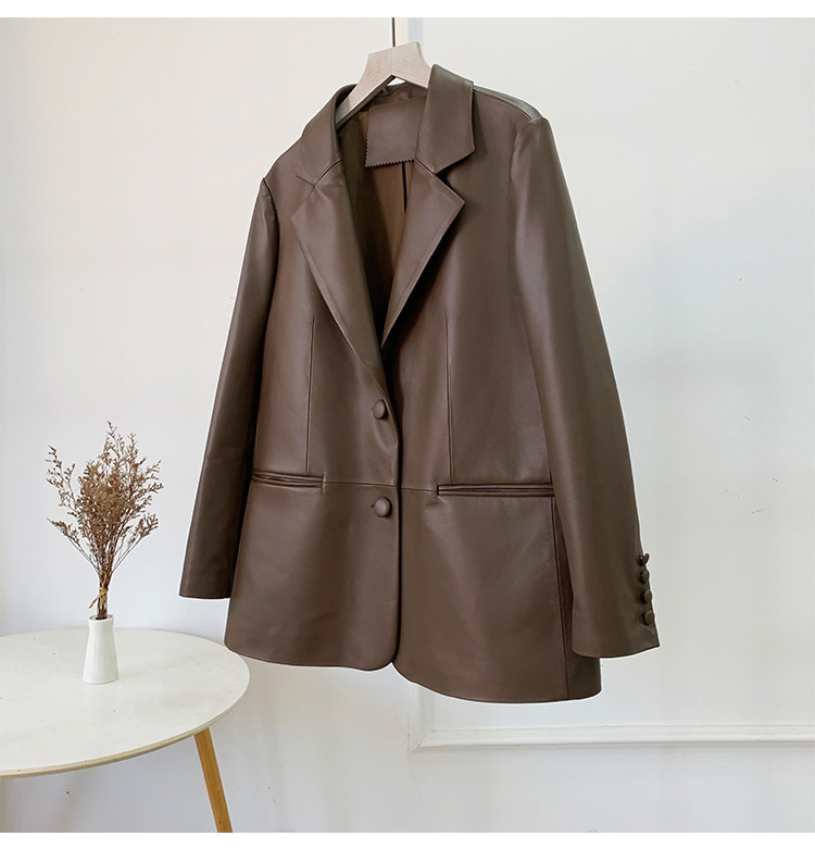 Áo khoác da cừu nữ dáng blazer phối cúc một hàng — Màu cà phê, Màu đen, Màu hồng
