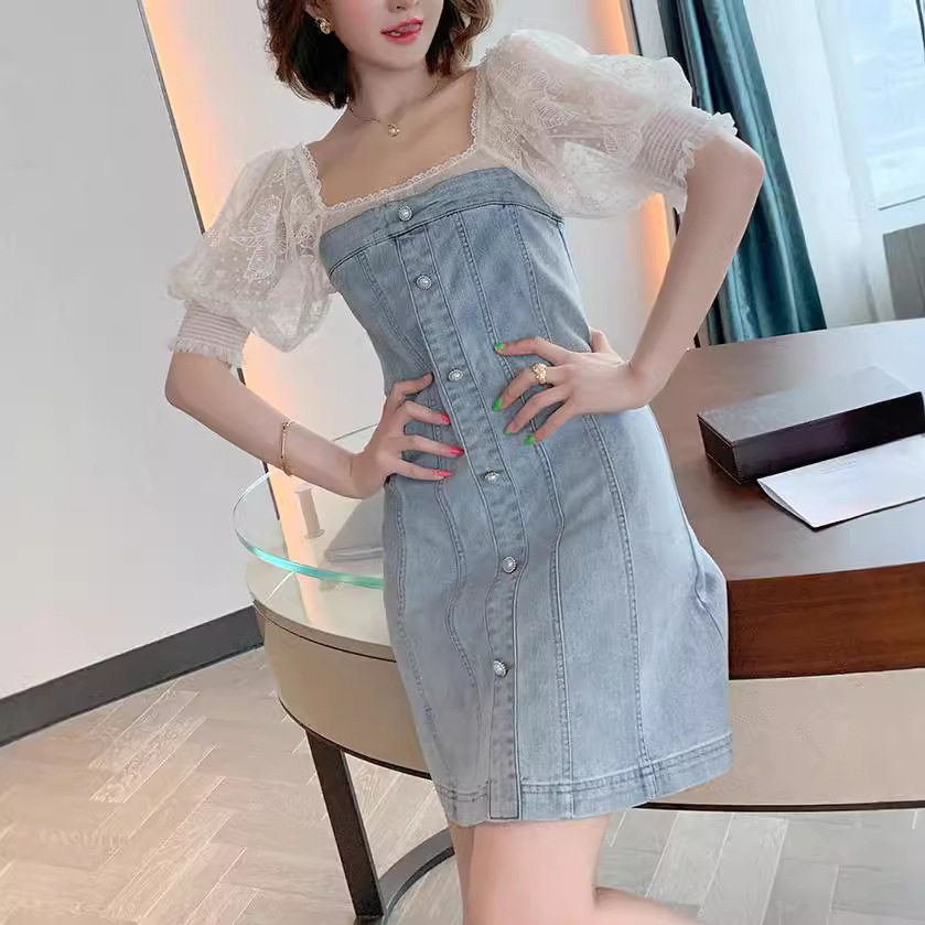 Đầm maxi nữ denim tay bồng cổ vuông không lưng — Trắng sọc