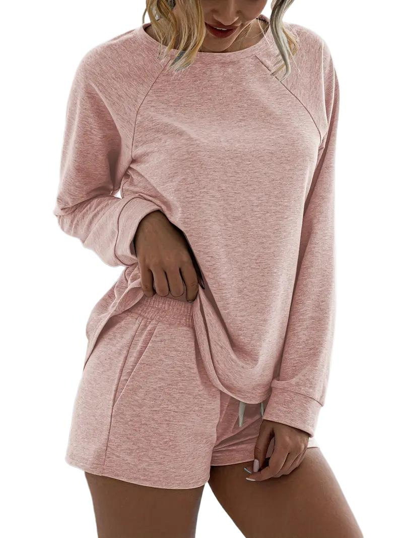 2025 European and American Cross-border Summer New Women's Solid Color Elegant Two-piece Crewneck Long-sleeved Shorts Home Sports suit