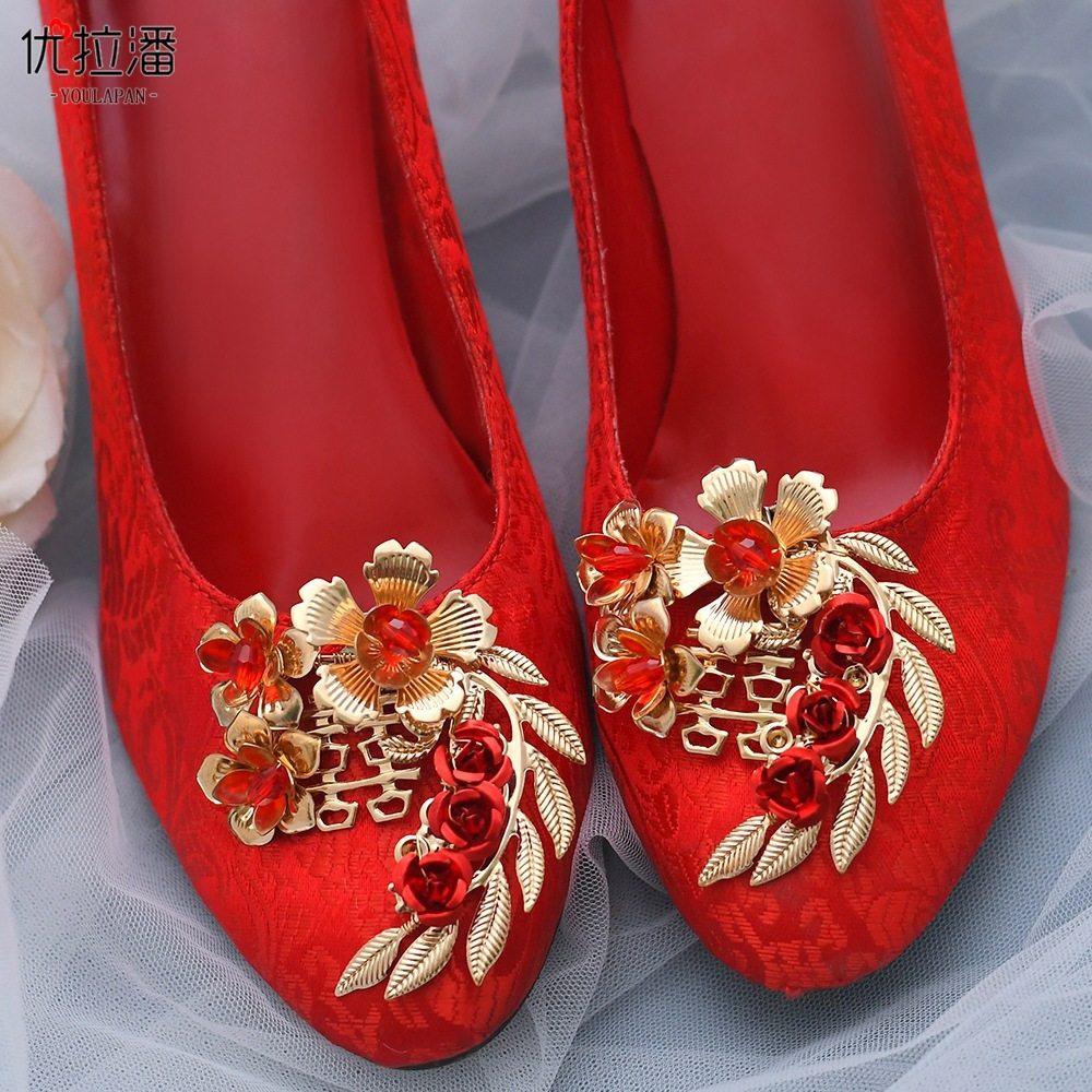 Yulapan HX28 New Chinese Style Xiuhe Wedding Shoes Shoe Flower Red Shoes Handmade Accessories Shoe Clip Removeable Shoe Buckle