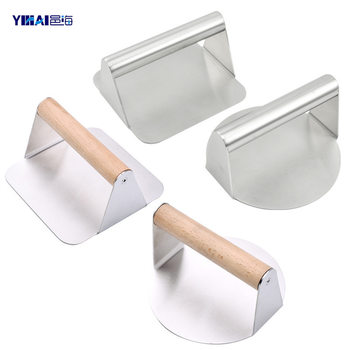 304 Stainless Steel Manual Meat Press Round Hamburger Meat Press Cake Mold Wooden Handle Square Press Plate Kitchen Tool