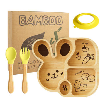 2025 New Animal Bamboo Plate with Packaging Suction Cup Dinner Plate Compartment Baby Training Tableware Fork and Spoon Set Factory Direct Sale