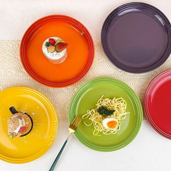 French-Style Round Dish Plate for Home Use, 9inch Flat Plates, Ceramic Plate, Attractive Plate, Western-Style Large Tray, Steaming Plate