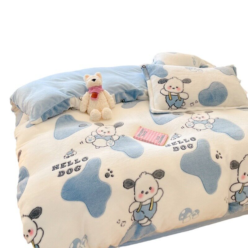 Cartoon Snowflake Milk Velvet Bedding Four-piece Set Autumn and Winter Children's Thickened Coral Velvet Quilt Cover Bed Sheet Three-piece Set