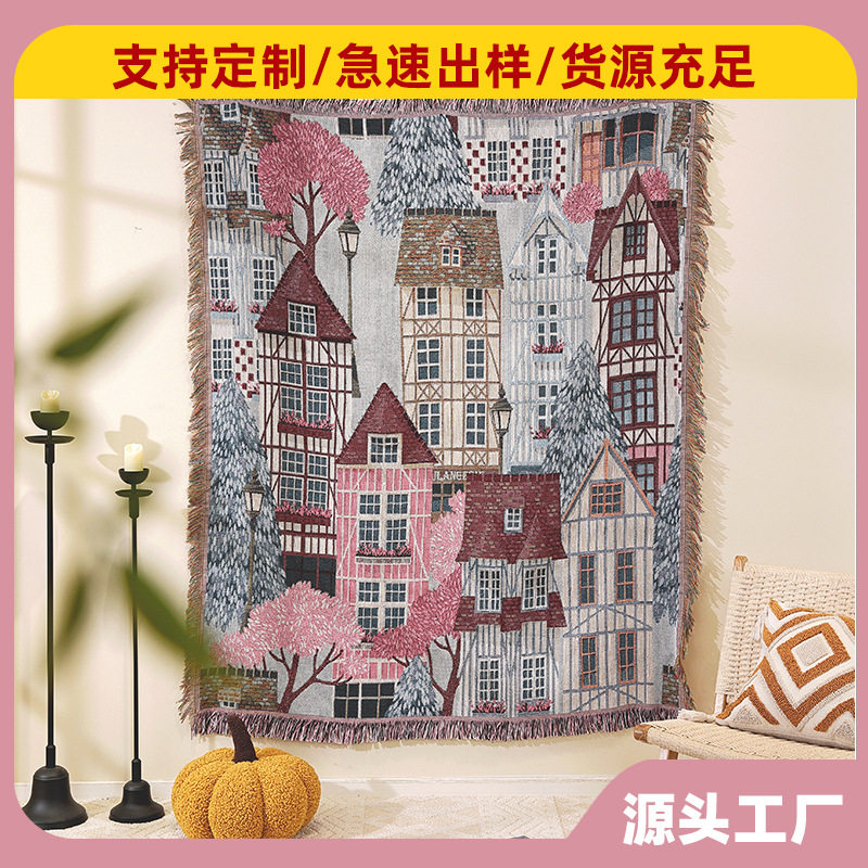 Customized Factory Ins Style Jacquard Thread Blanket Thickeneded Sofa Cover Blanket Oil Painting Tapestry Art Gift Fur Blanket Camping Style
