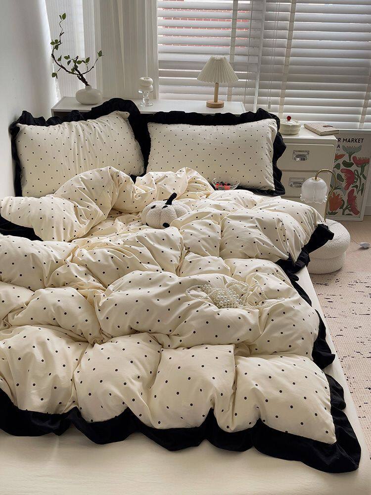 French-Style Gentle Girly Lace Polka Dot Washed Four-Piece Bedding Set Solid Color Duvet Cover Three-Piece Fitted Sheet Set Supply Chain