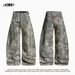 OREETA 丨 American retro heavy-duty tree branch camouflage pants for men and women with letter embroidery loose wide leg curved knife pants
