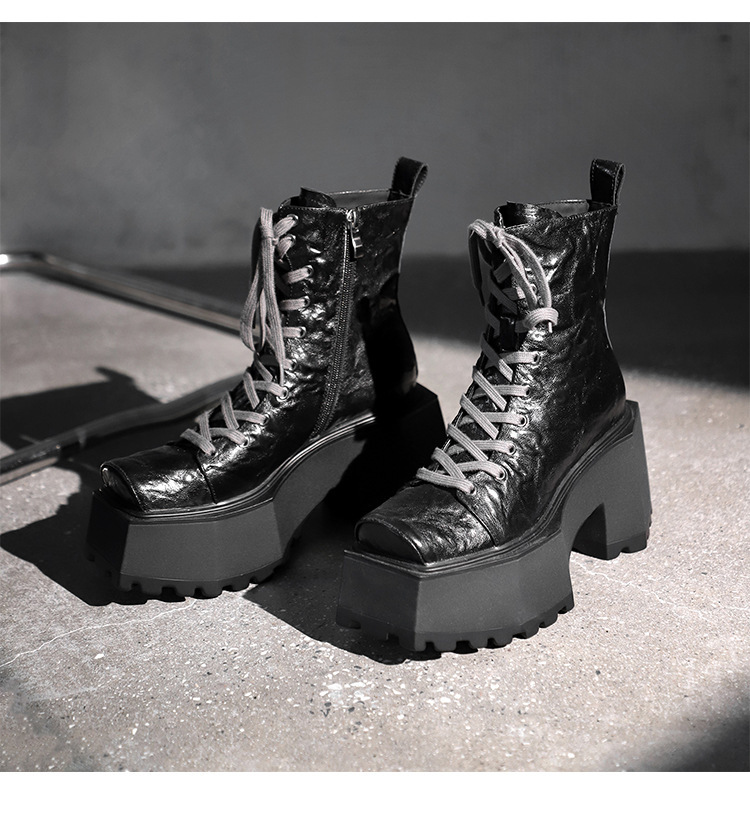 Boot Martin nữ đế dày 9cm mũi vuông gót thô tăng chiều cao — Màu đen lót một lớp, Màu đen lót nhung, Màu nâu lót một lớp, Màu nâu lót nhung