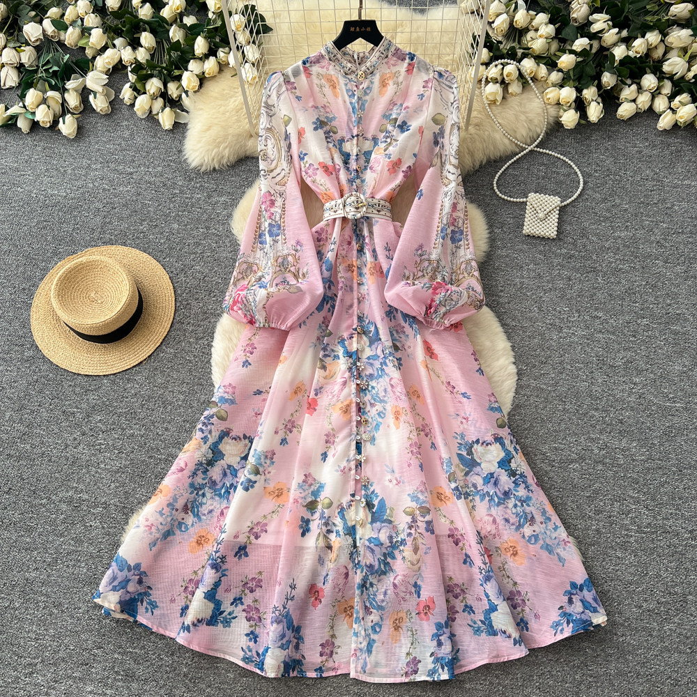Floral A Line Dress Long Sleeve Waist Tie Slim Fit Elegant Spring Office Wear Wholesale Available