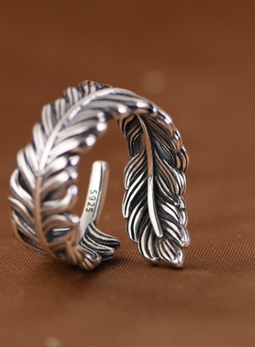 羽毛银戒指925银个性复古男款