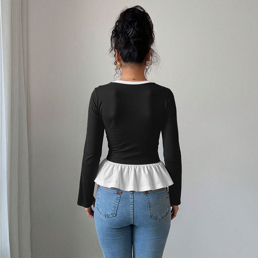 Color Block Long Sleeve T Shirt Slim Fit Lace Detail Round Neck Spring Summer Casual Wear Wholesale Available