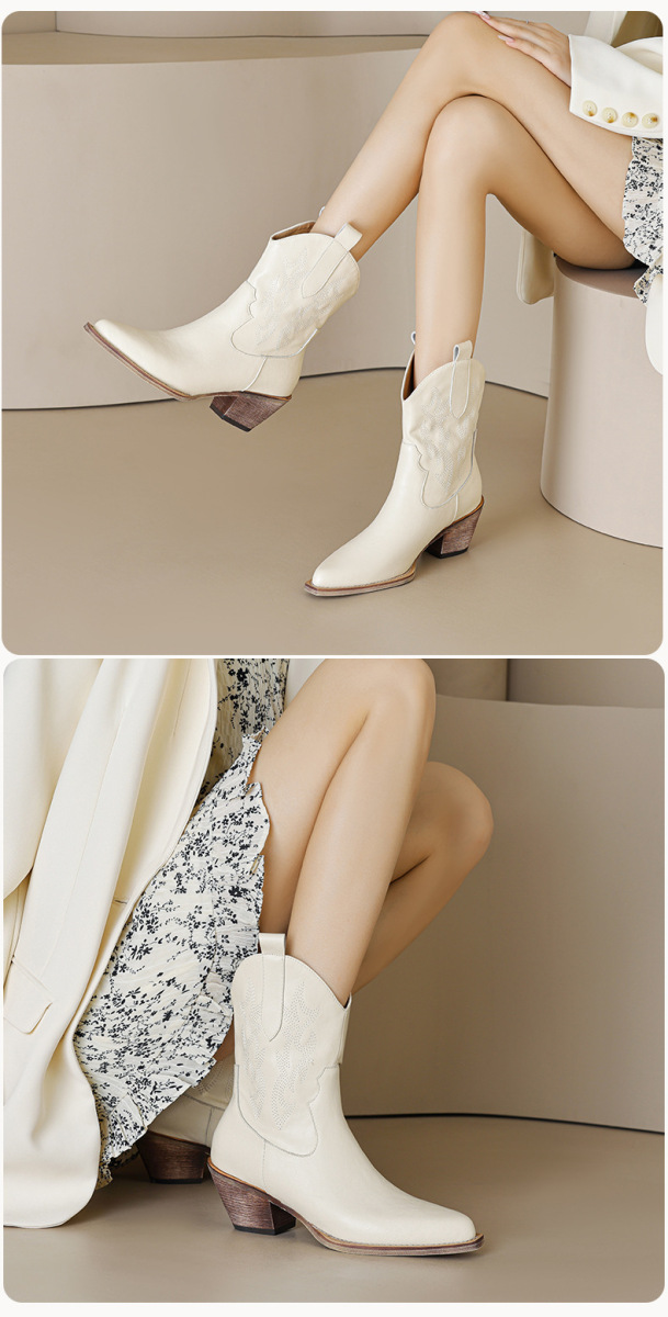 Boot nữ da bò cổ thấp mũi nhọn gót thô phối thêu — Màu be lót nhung bên trong, Màu be một lớp lót trong, Màu đen lót một lớp, Màu đen lót nhung