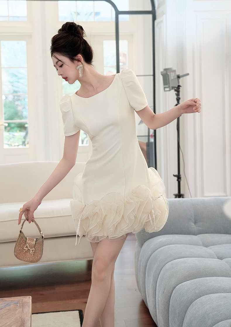 Đầm ôm body nữ cổ tròn tay bồng phong cách Pháp — [Màu hồng đào] chi tiết 7
