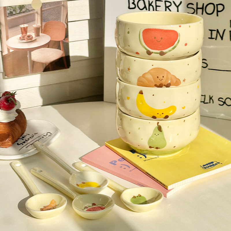 Ins Cute Ceramic Rice Bowl High-Looking Fruit Dessert Bowl Tableware Set Gift Box Housewarming Souvenir