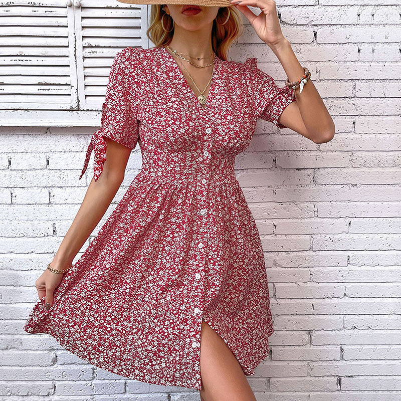 V Neck Floral Print Short Split Dress Summer Style Womens Casual Wear Wholesale Available private label