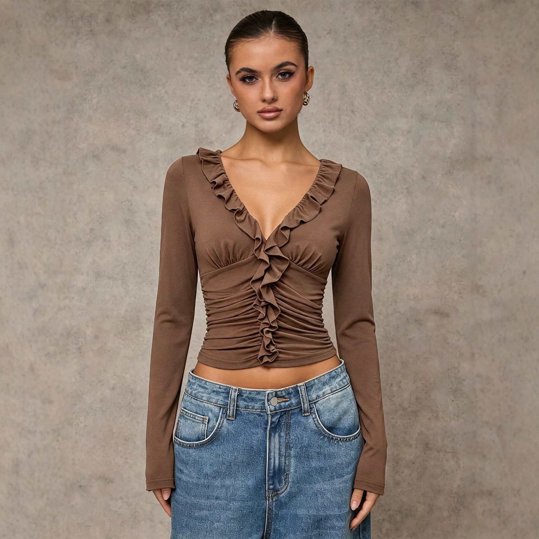 V Neck Ruffle Hem T Shirt Womens Slim Fit Long Sleeve Gathered Waist Autumn Winter Casual Top OEM Available
