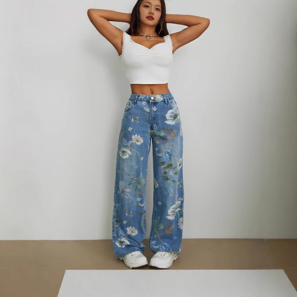 Loose Fit Wide Leg Jeans Printed Denim Street Style Casual Wear Ready to Ship Wholesale Available