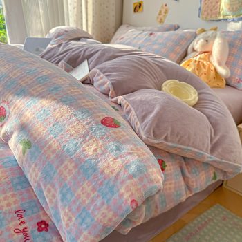 Explosions Winter Milk Velvet Four-piece Coral Velvet Double-sided Flange fleece-lined Quilt Cover Bed Sheet Bed Three-piece Set
