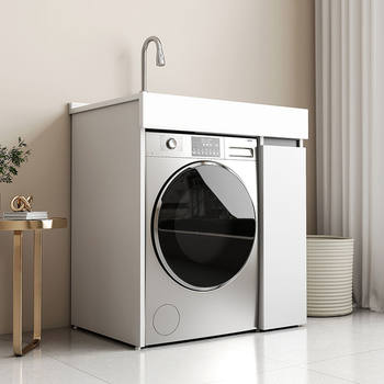 Small Apartment Balcony Laundry Cabinet Integrated Machine with Countertop Basin, Drum Washing Machine Cabinet with Washboard, Bathroom Cabinet