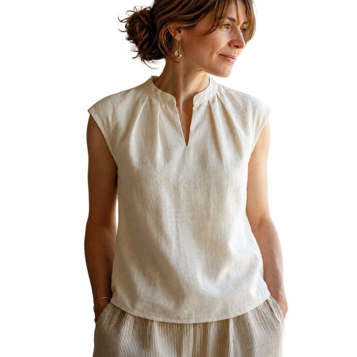 Womens Summer Sleeveless T Shirt Light Beige Linen Pleated Loose Fit Small Stand Collar Casual Style Wholesale