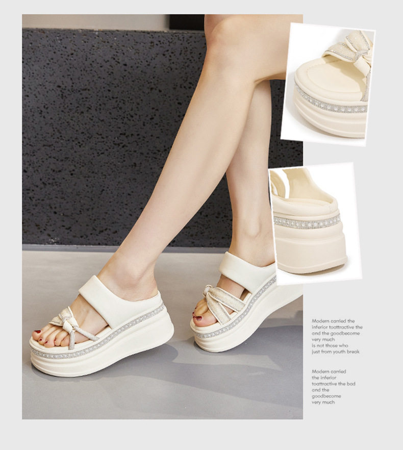 Dép sandal nữ đế dày platform phong cách La Mã, mũi tròn, quai chữ V đơn giản — Đen, Len nguyên chất chi tiết 2