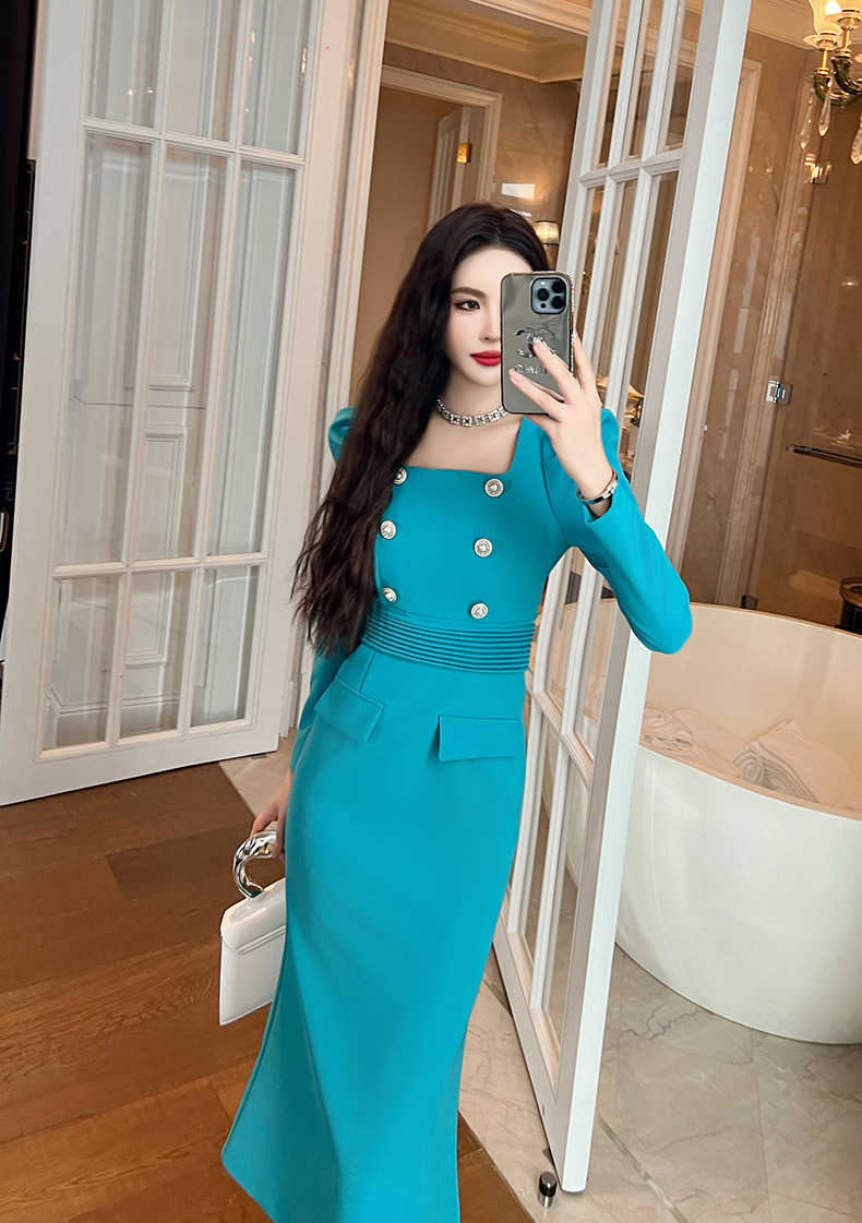 Đầm ôm body nữ cổ vuông dài tay thắt eo thanh lịch — Màu xanh nước hồ