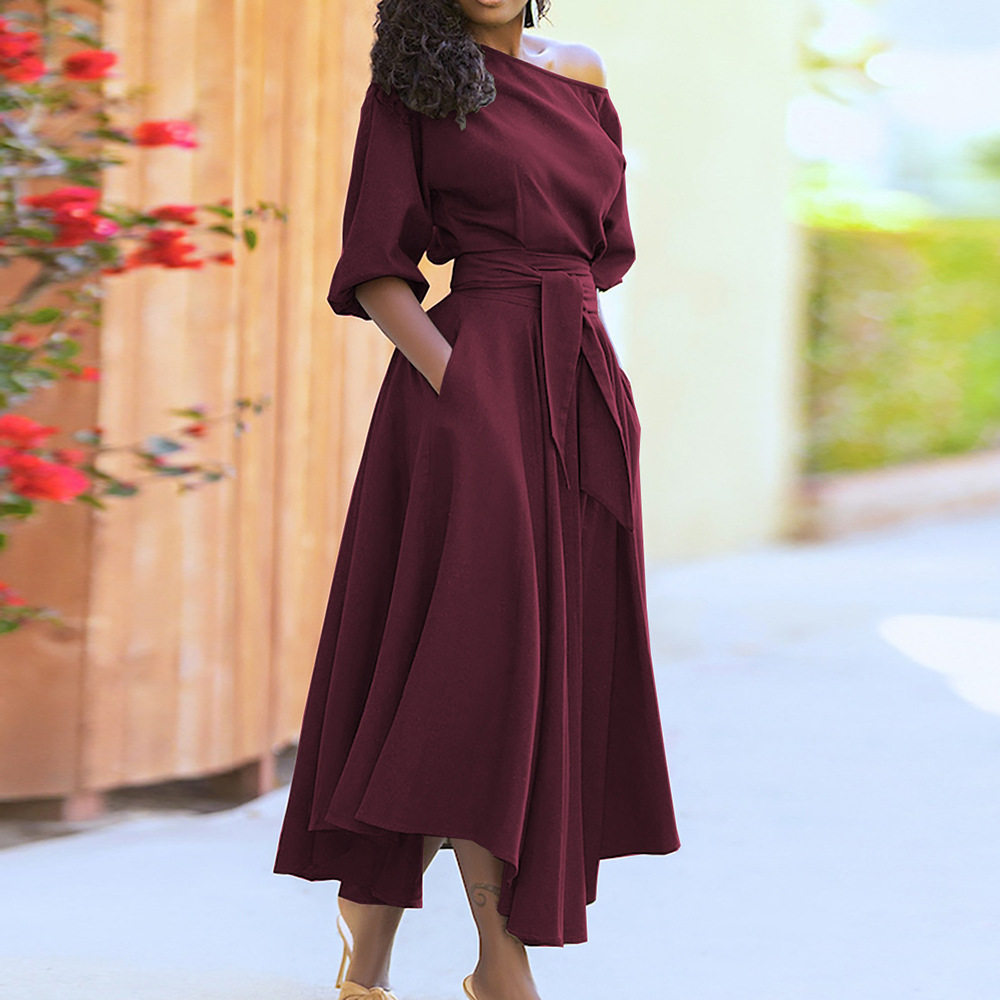 Elegant One Shoulder Tie Waist Long Sleeve Dress Solid Color Spring Collection Womens Fashion Wholesale Available